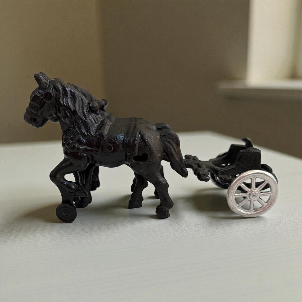 Vintage Cast Iron Horse Drawn Wagon Carriage Toy Antique Style Black Metal
